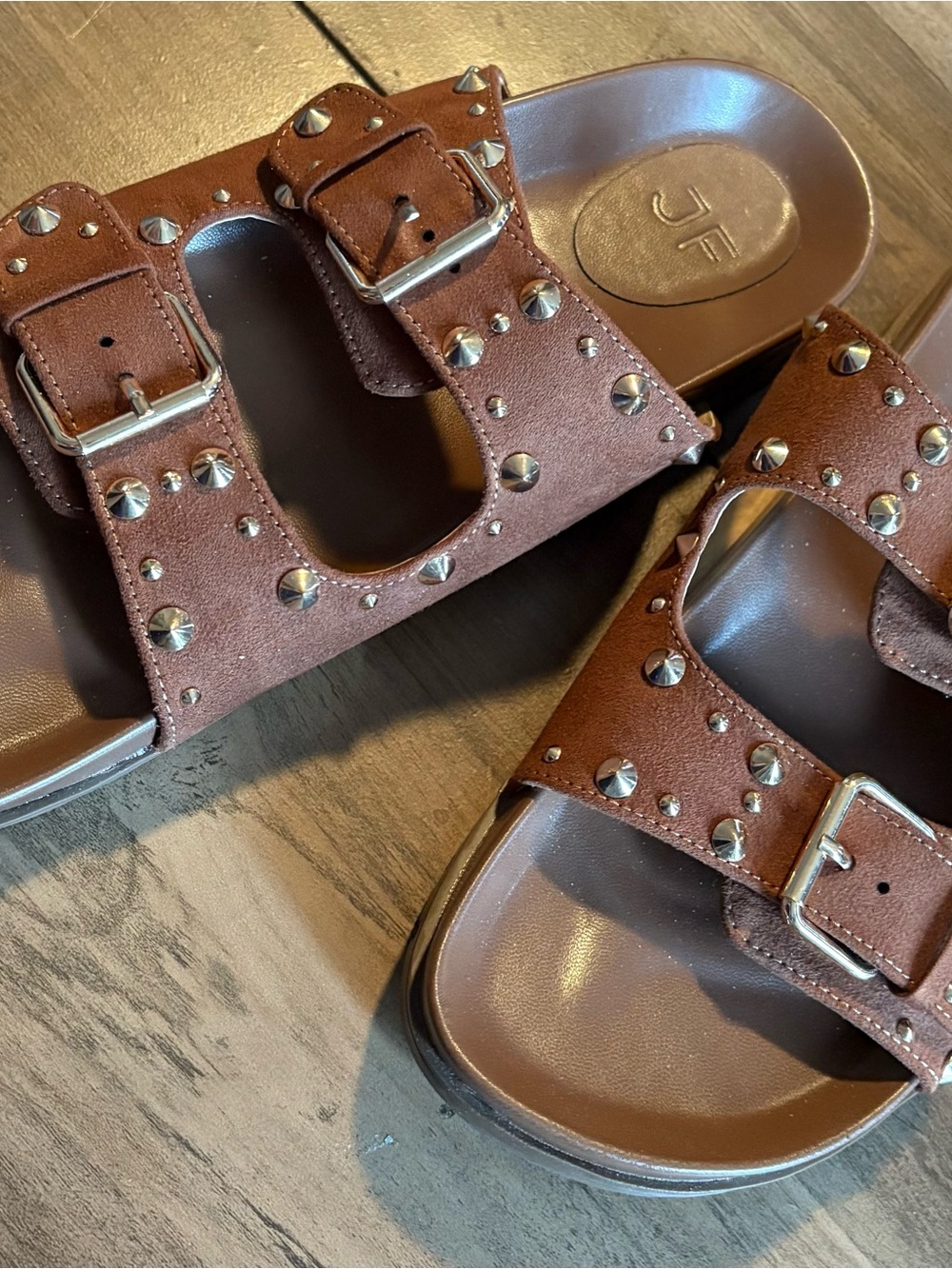 JustFab Brown Studded Double-Buckle Slide Sandals